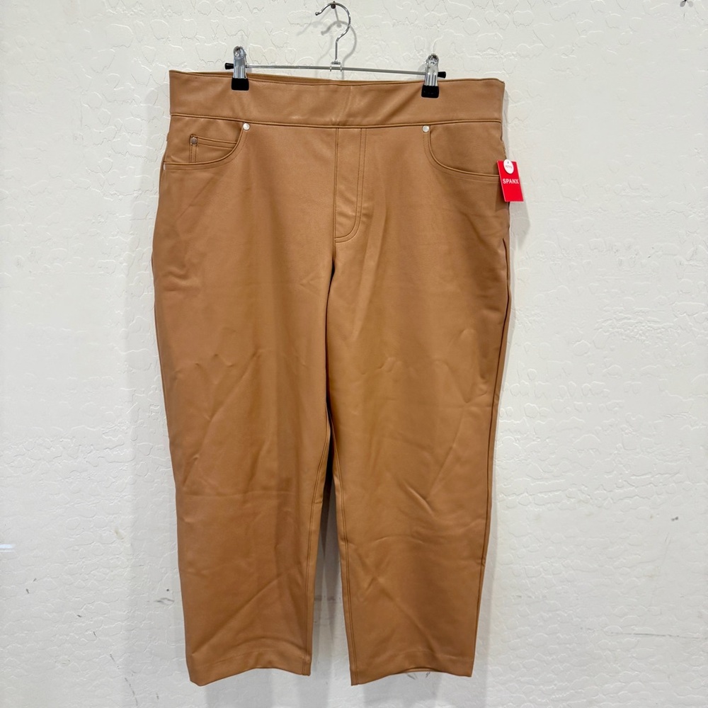SPANX Faux Leather Slim Straight Pants Petite 1X Toffee Brown Tan Capsule